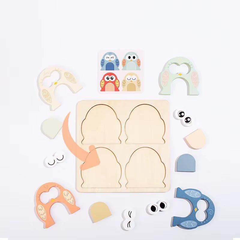 Wooden Owl Matching Puzzle, Owl Face Changing Shape Puzzle, Exercise Concentration and Hand Eye Coordination Skills - FLUFFI