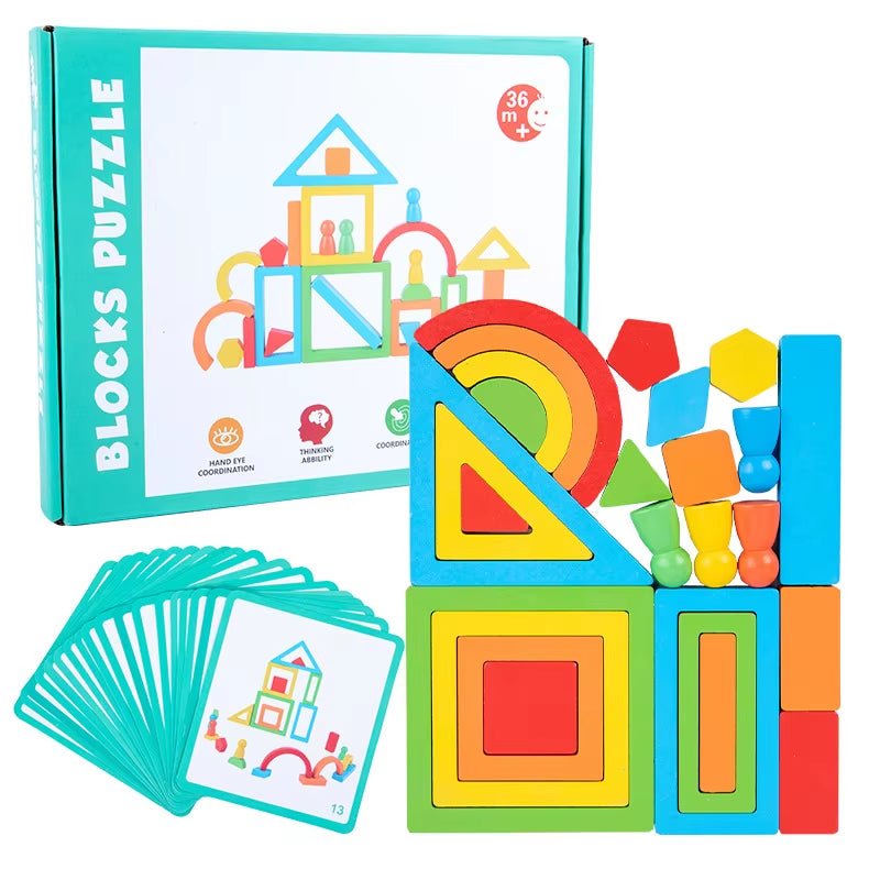 Wooden Rainbow Blocks Puzzle, DIY Educational Stack Blocks, Shape and Color Cognitive Toys, Early Education Puzzle Toy - FLUFFI