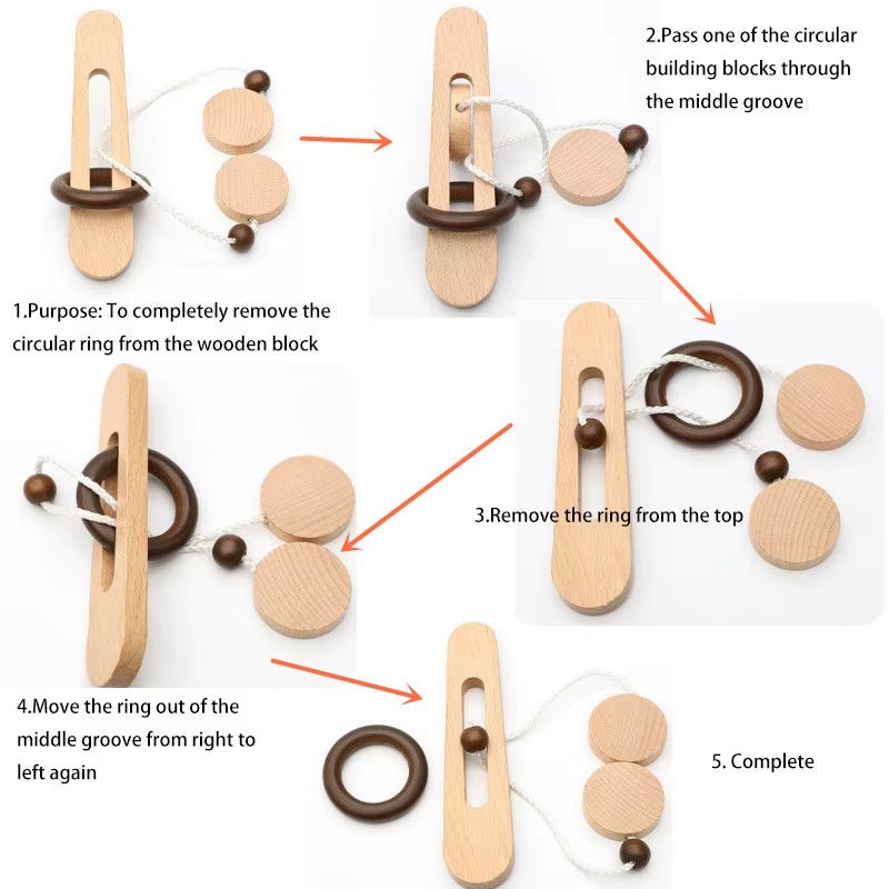 Wooden Ring Unlocking Game,Magic Ring Escape Classic Puzzle Toy, Kongming Lock Luban Lock Intelligence Toy - FLUFFI