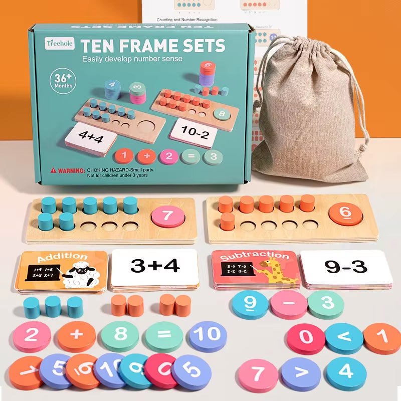 Wooden Ten Frame Sets Toy, Learning Counting and Number, Addition and Subtraction, Mathematics Learning Toy - FLUFFI